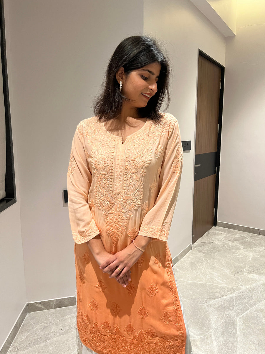 Orange Ombre Modal Chikankari Kurta | Lucknowi – photo 7