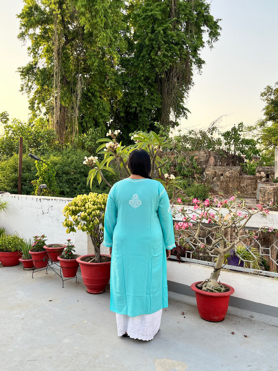Blue Rayon Chikankari Kurta Plus Size 4XL-7XL | Lucknowi – photo 4