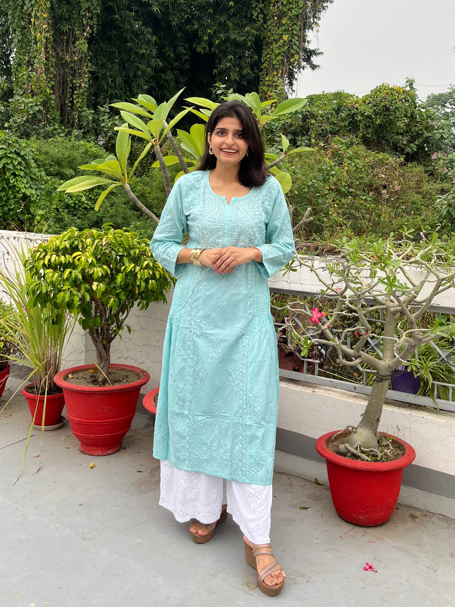 Pastel Green Cotton Dobby Chikankari Kurta for Women – photo 10