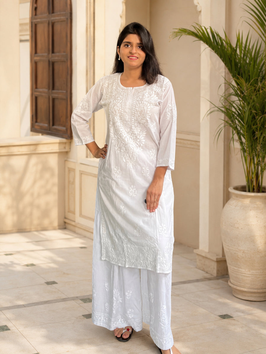 White Mulmul Chikankari Straight Kurta | Lucknowi – photo 4
