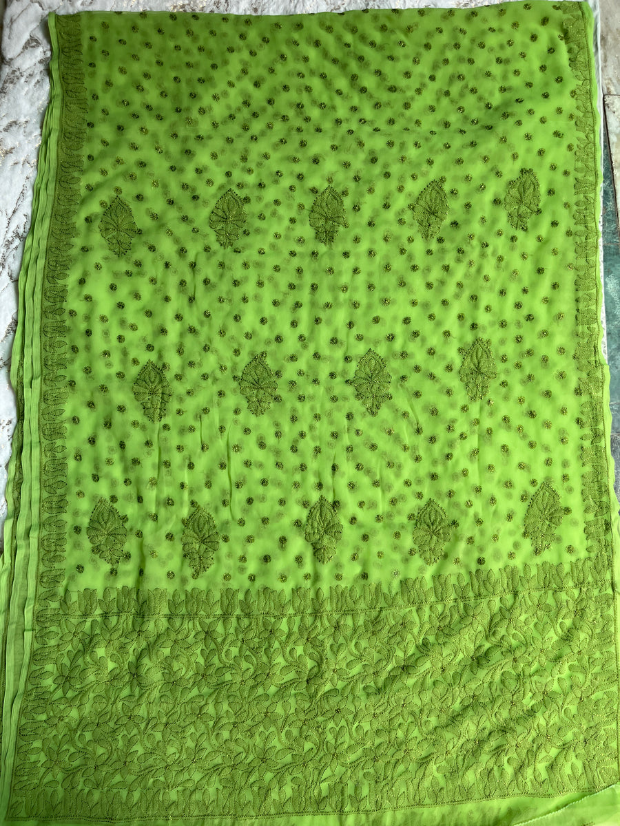 Green Chiffon Chikankari Saree | Lucknowi – photo 2
