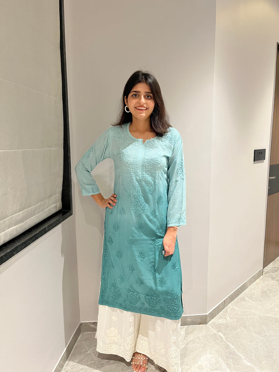 Peachy Pink Ombre Modal Chikankari Kurta – photo 5