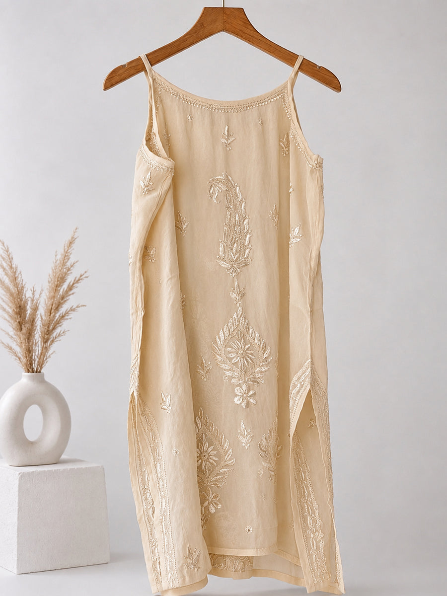 Ivory Noodle Strap Viscose Chikankari Short Kurti | Lucknowi – photo 3