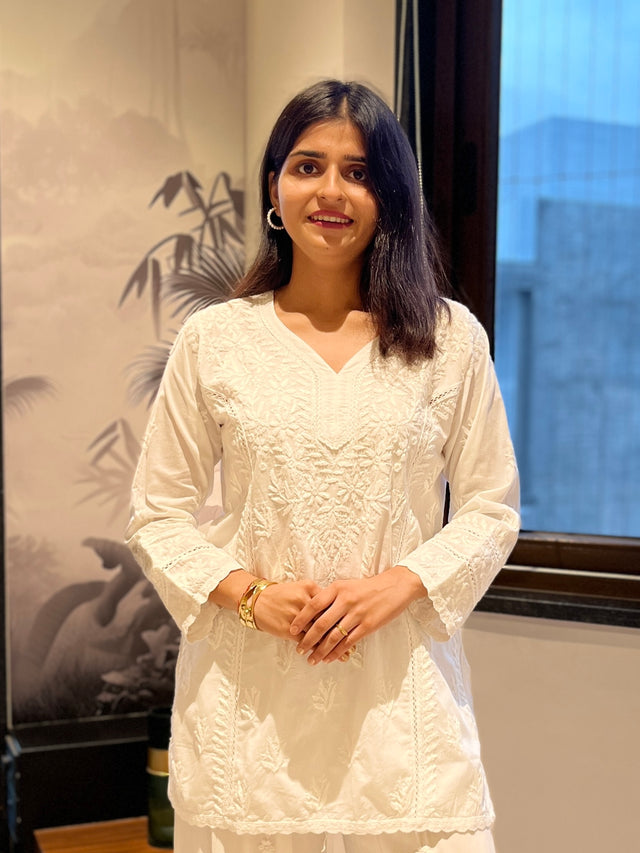 White Cotton Lace Chikankari Kurti | Lucknowi