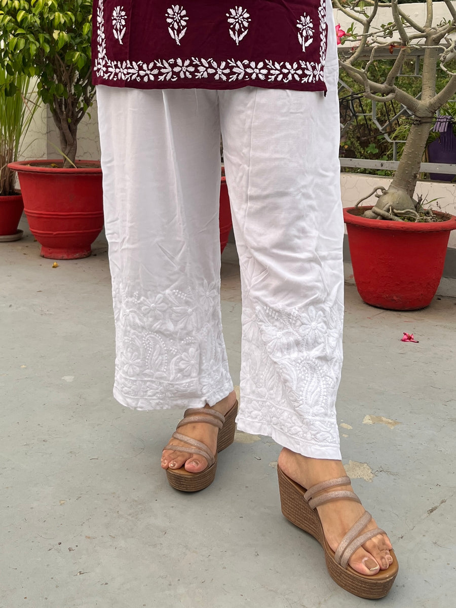 White Rayon Chikankari Narrow Palazzo | Lucknowi – photo 4