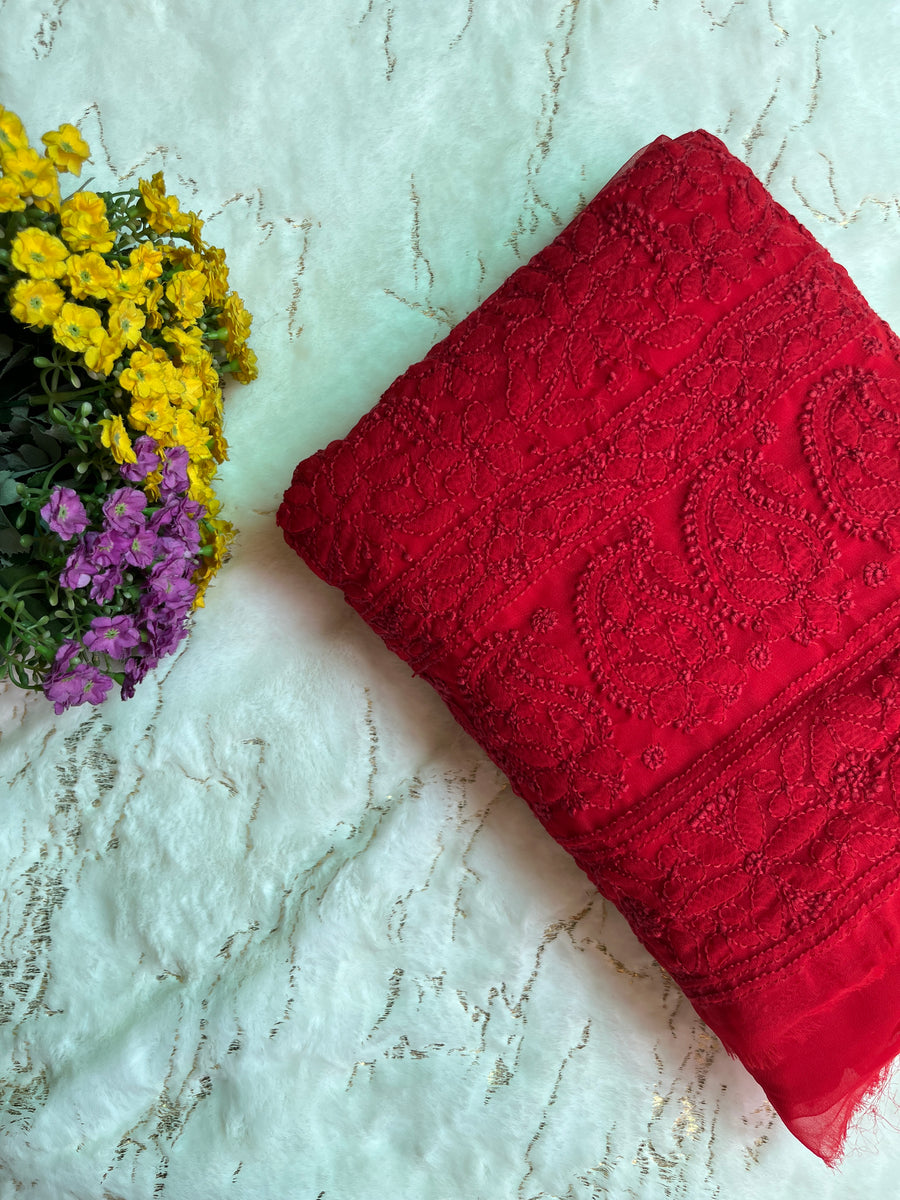 Red Chiffon Chikankari Unstitched Suitpiece – photo 2