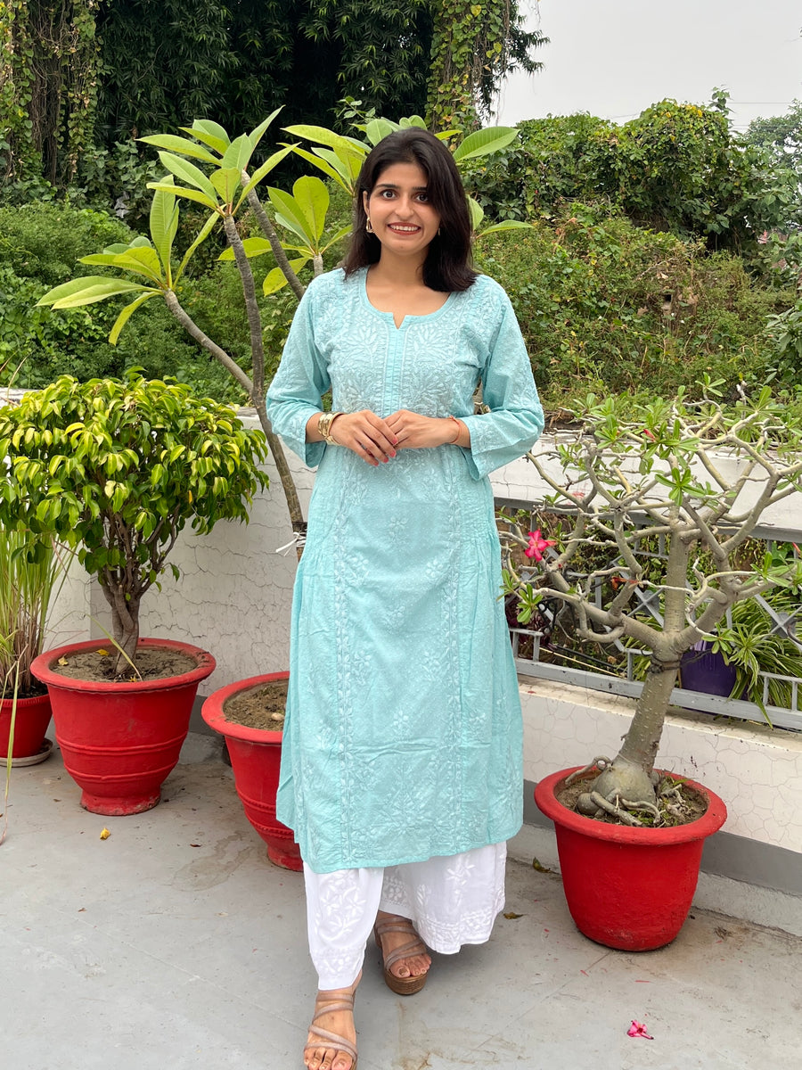 Pastel Blue Cotton Dobby Chikankari Kurta for Women – photo 5