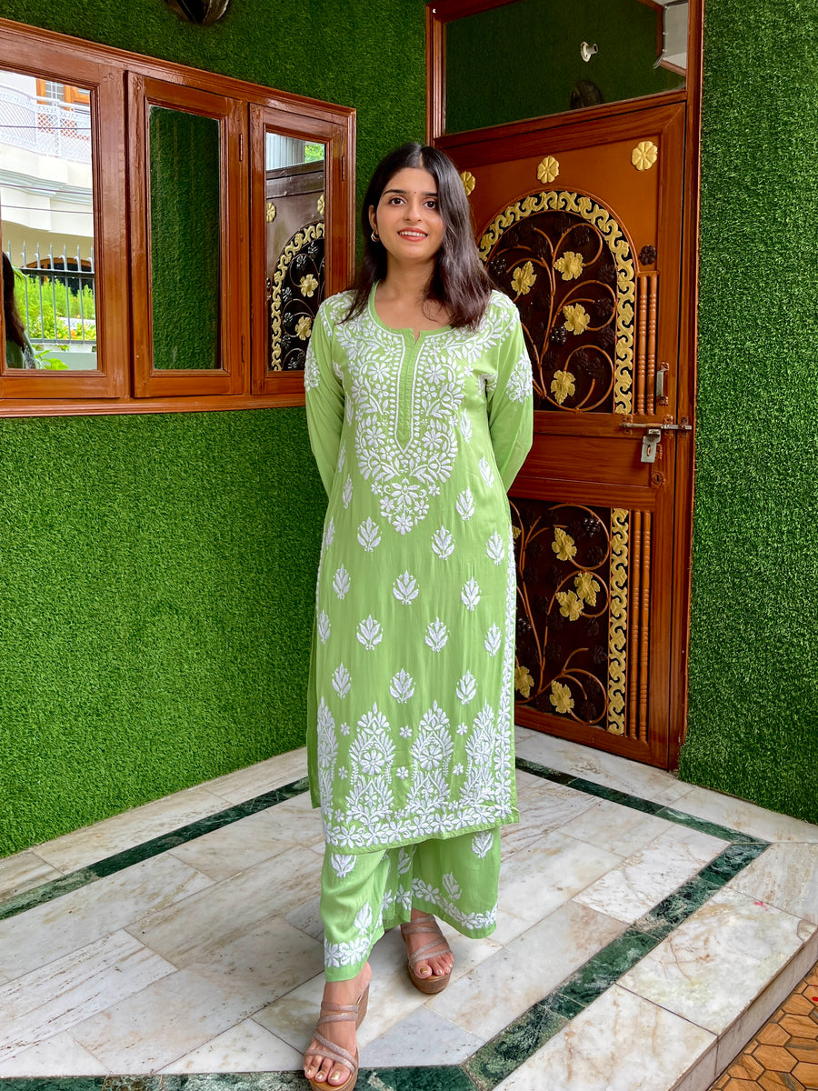 Peach Modal Chikankari Kurta Palazzo Set for Women – photo 3