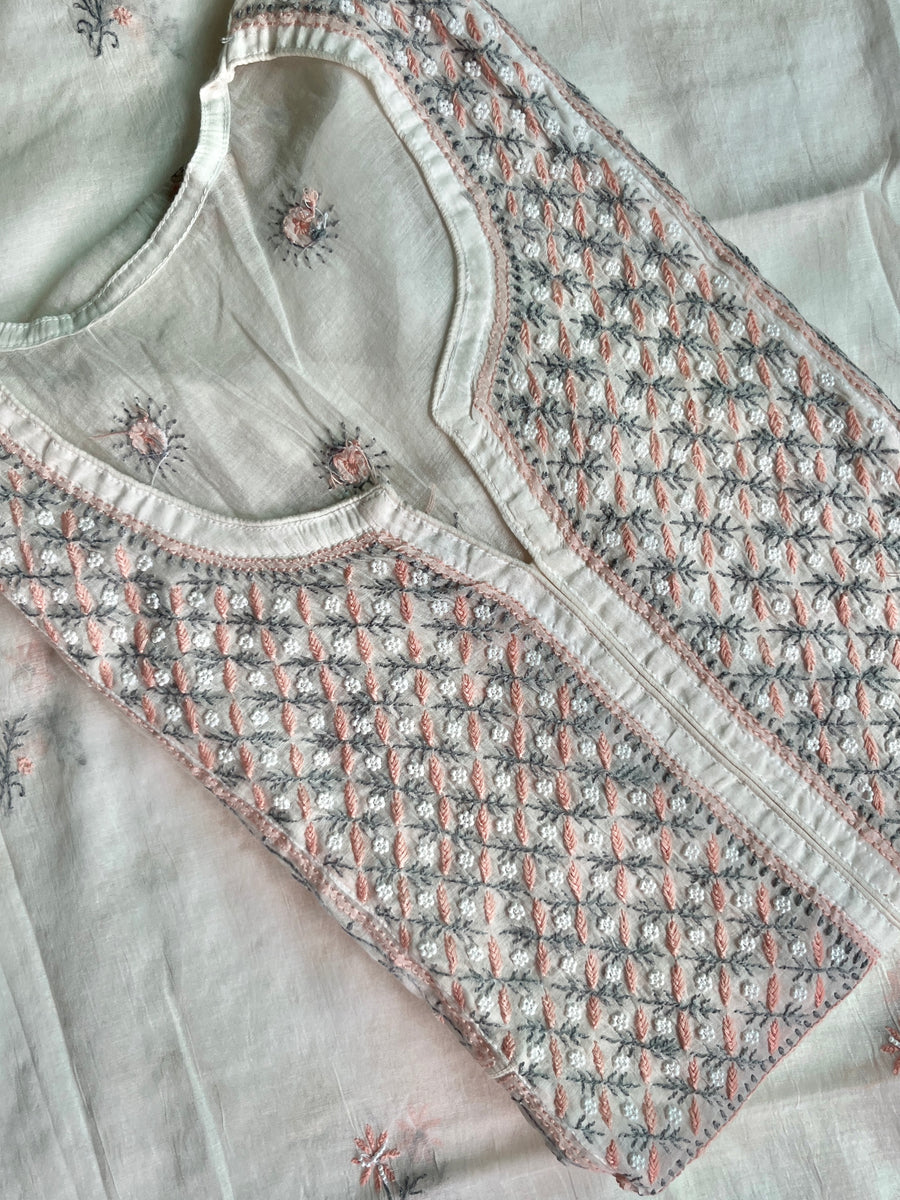 Ivory Mul Chanderi Chikankari Semi-Stitched A line Kurta Dupatta | Lucknowi – photo 6