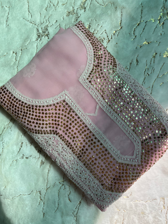 Baby Pink Chiffon Chikankari Unstitched Suitpiece with Mukaish Work