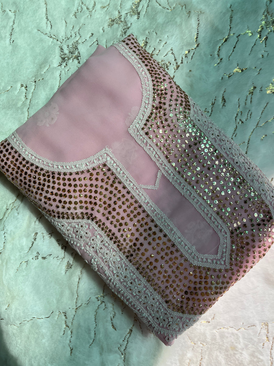 Baby Pink Chiffon Chikankari Unstitched Suitpiece with Mukaish Work