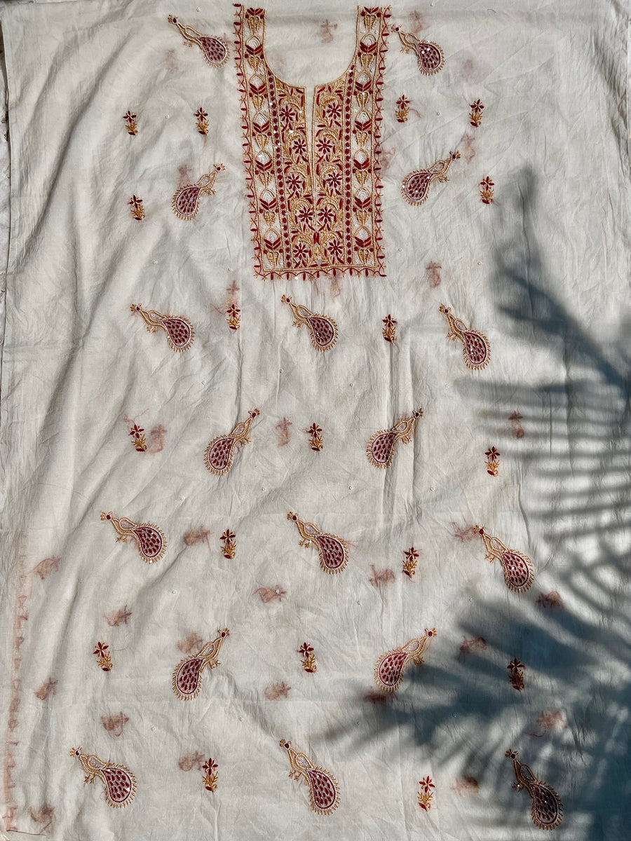 Ivory Mul Chanderi Chikankari Unstitched Kurta Dupatta Set | Lucknowi – photo 6