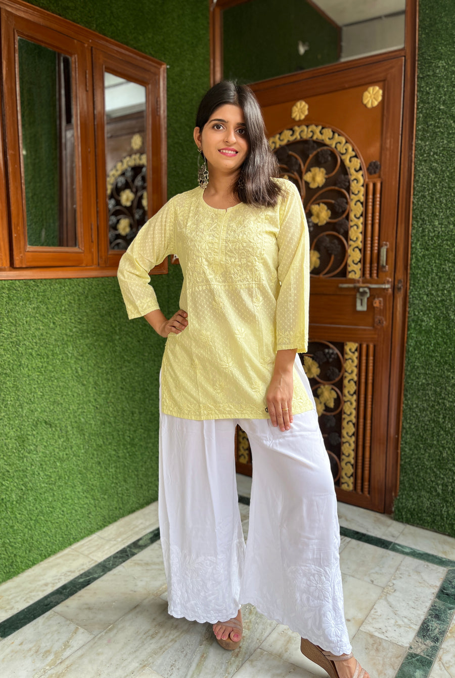 Sage Green Cotton Dobby Chikankari Short Kurti | Lucknowi – photo 11