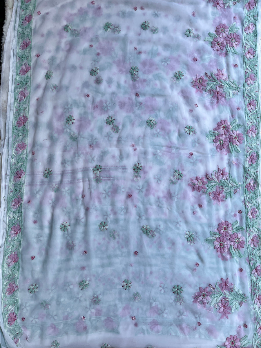 White Pure Chiffon Chikankari Resham Saree – photo 10