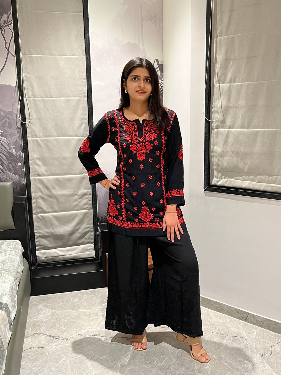 Red on Black Modal Chikankari Short Kurti | Lucknowi