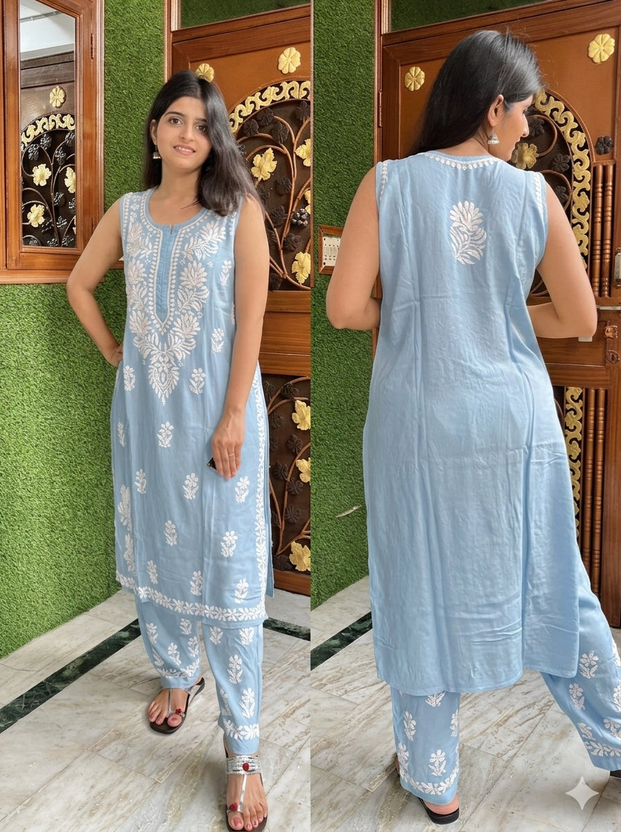 Onion Pink Sleeveless Rayon Chikankari Kurta Pant Set | Lucknow – photo 4