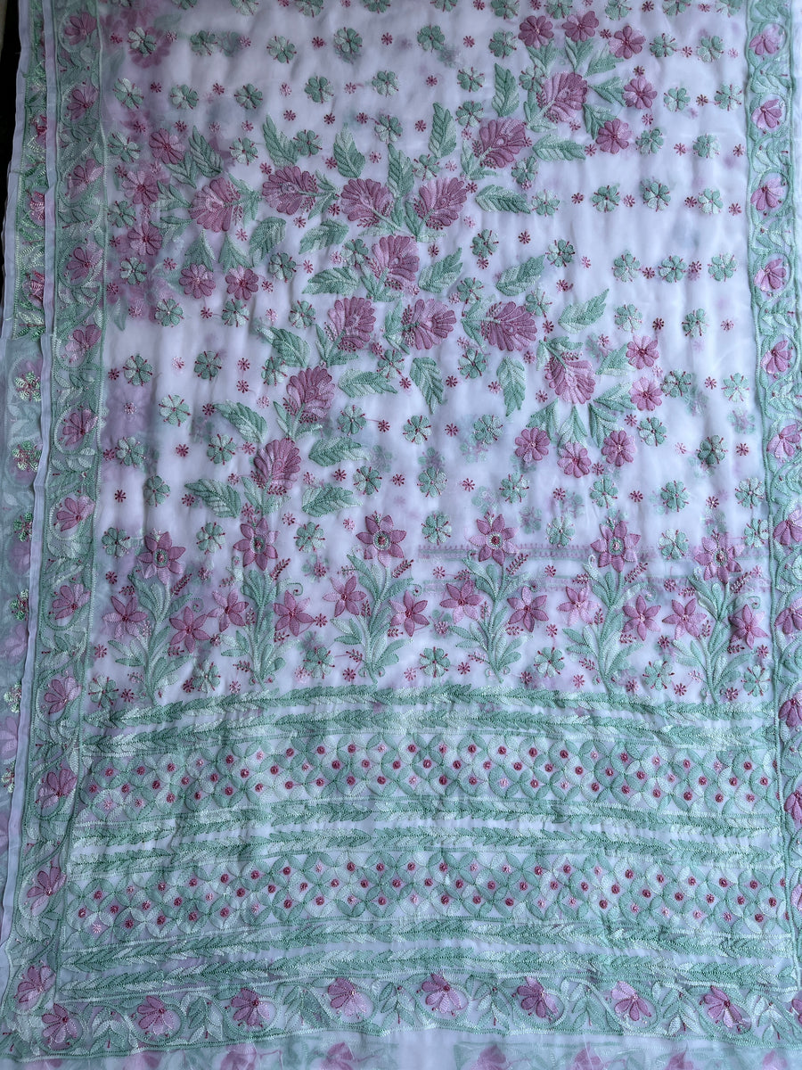 White Pure Chiffon Chikankari Resham Saree – photo 3