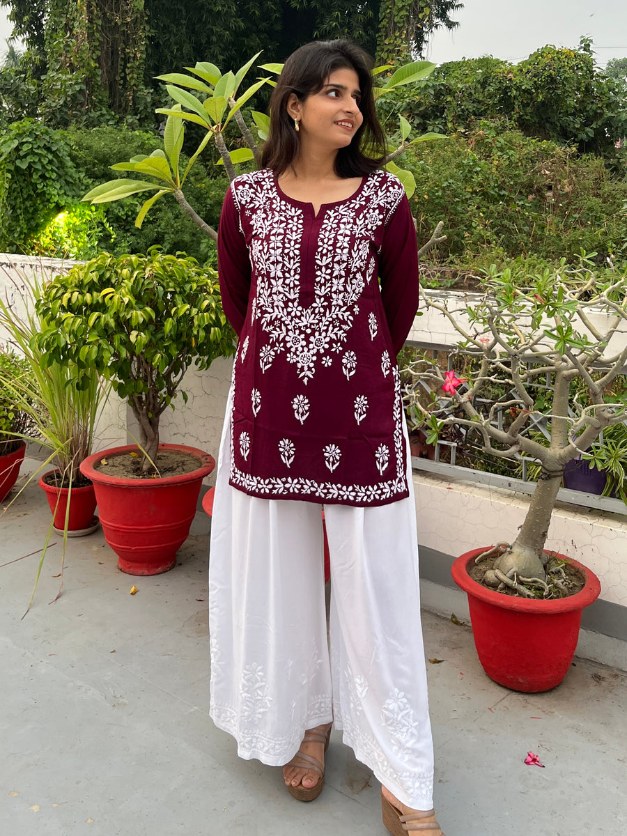 White Rayon Chikankari Wide Palazzo | Lucknowi – photo 4