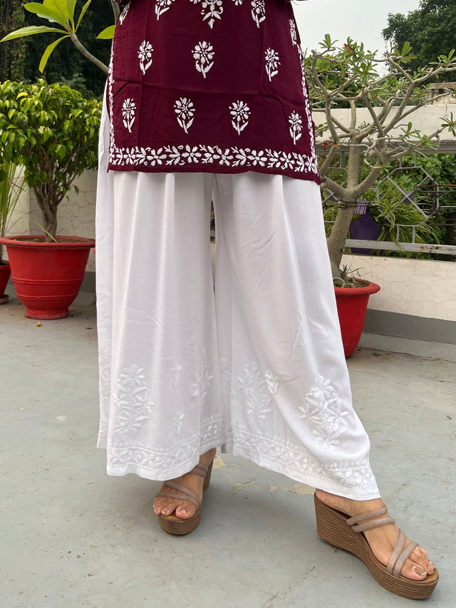White Rayon Chikankari Wide Palazzo | Lucknowi