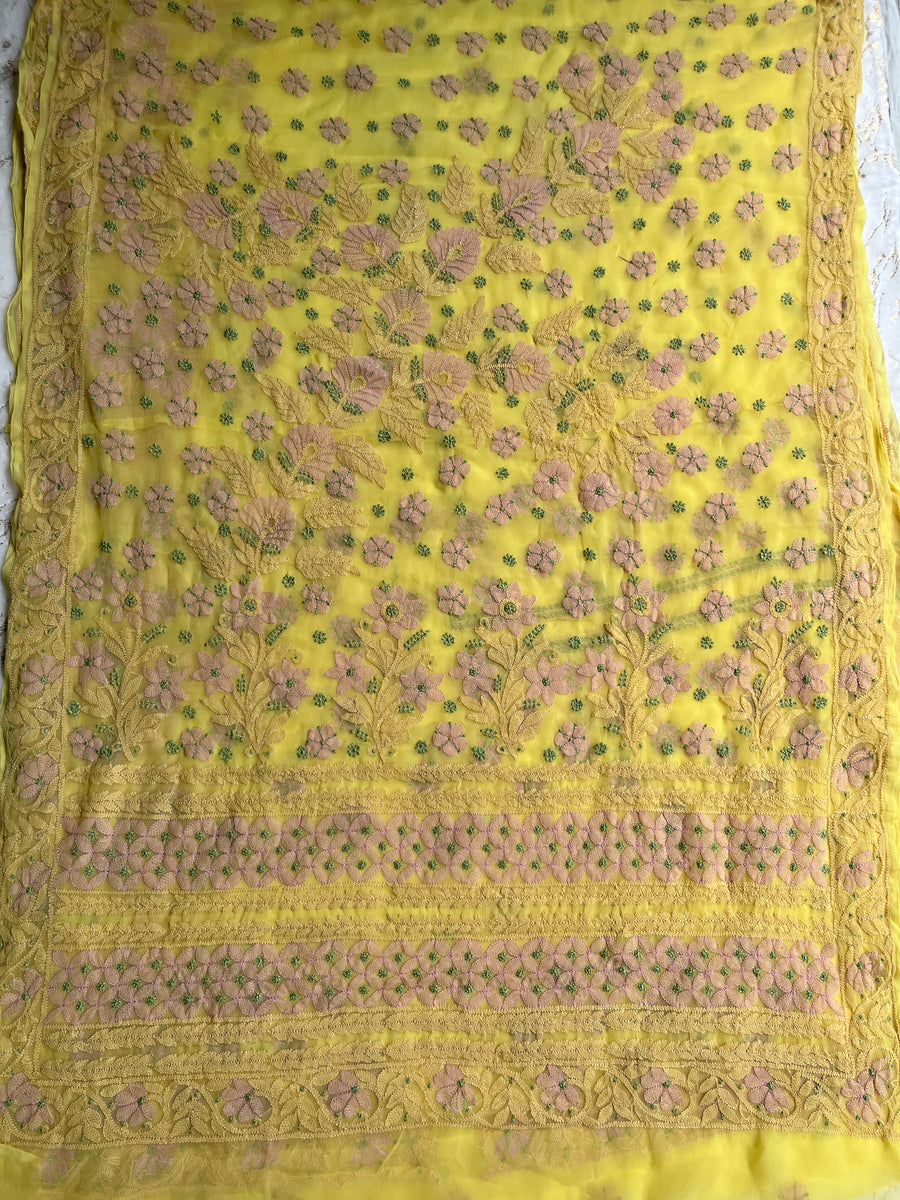 Yellow Pure Chiffon Chikankari Saree – photo 3
