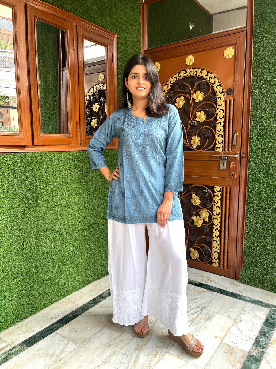 Sage Green Cotton Dobby Chikankari Short Kurti | Lucknowi – photo 3