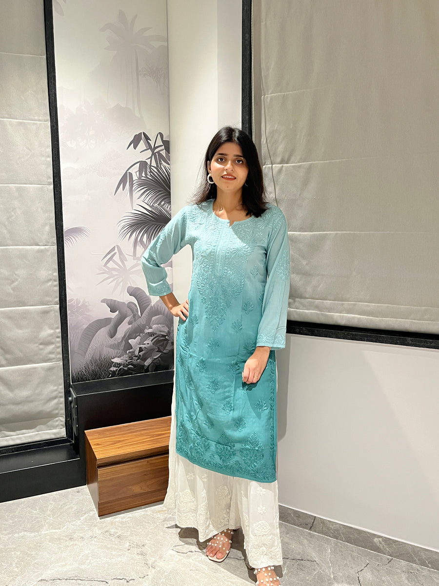Pastel Blue Ombre Modal Chikankari Kurta | Lucknowi – photo 11