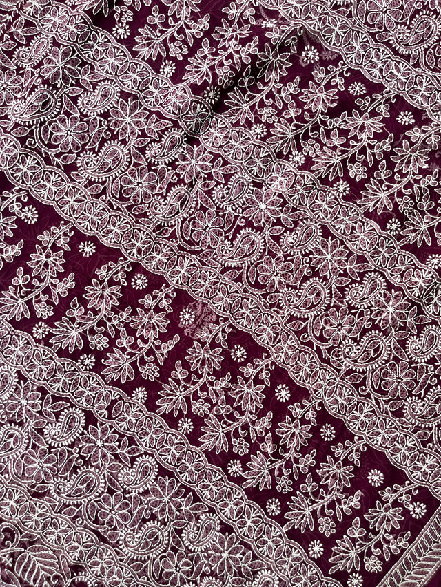 Wine Chiffon Full Work Chikankari Saree | Lucknowi