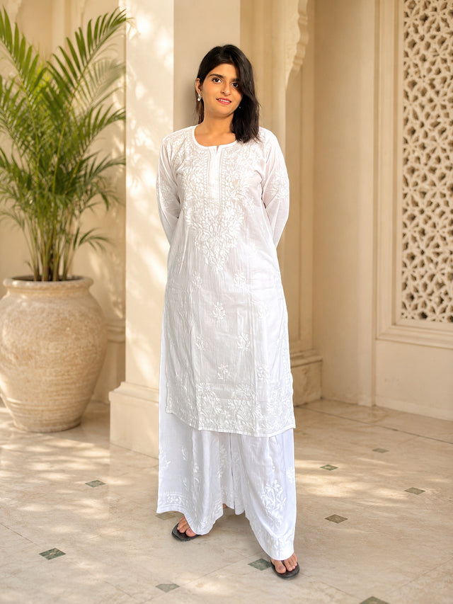 White Mulmul Chikankari Straight Kurta | Lucknowi
