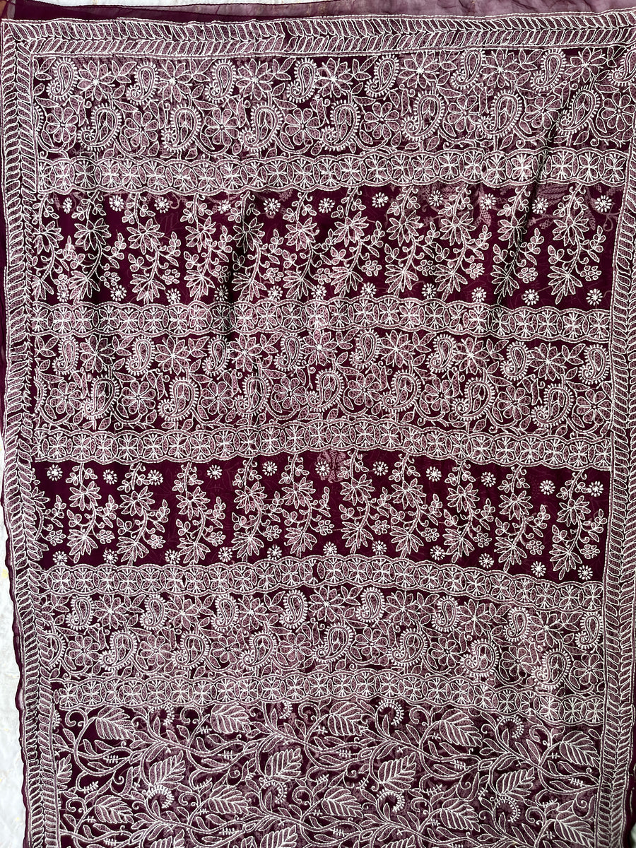 Wine Chiffon Full Work Chikankari Saree | Lucknowi – photo 3