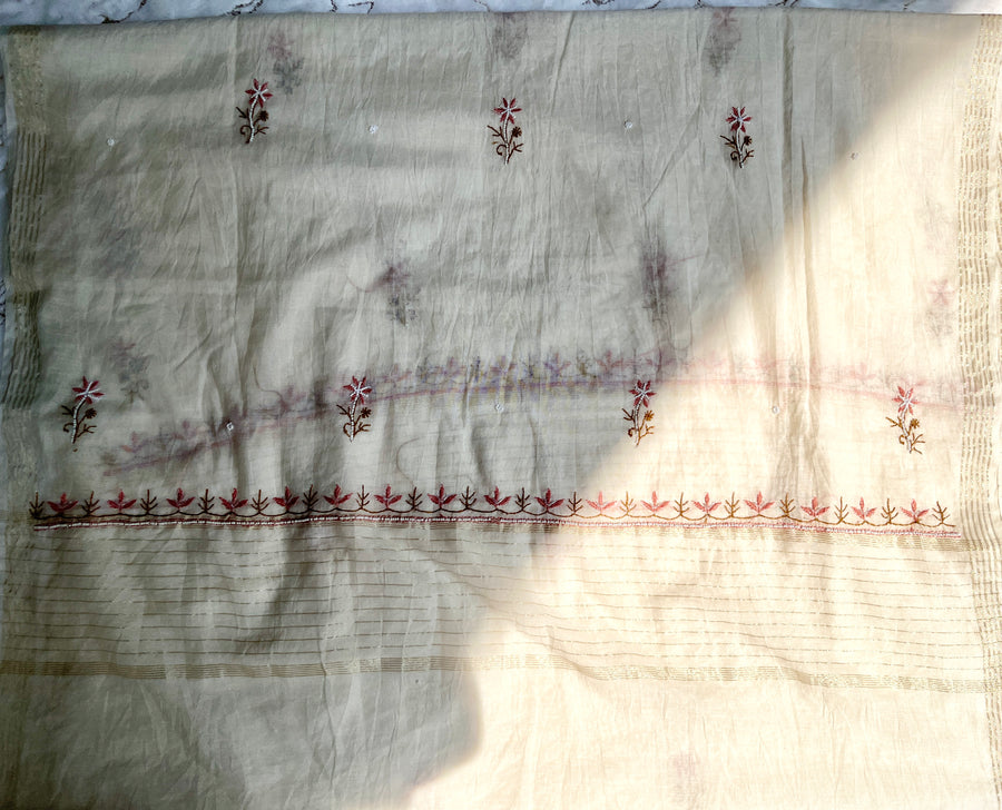 Ivory Mul Chanderi Chikankari Unstitched Kurta Dupatta | Lucknowi – photo 6
