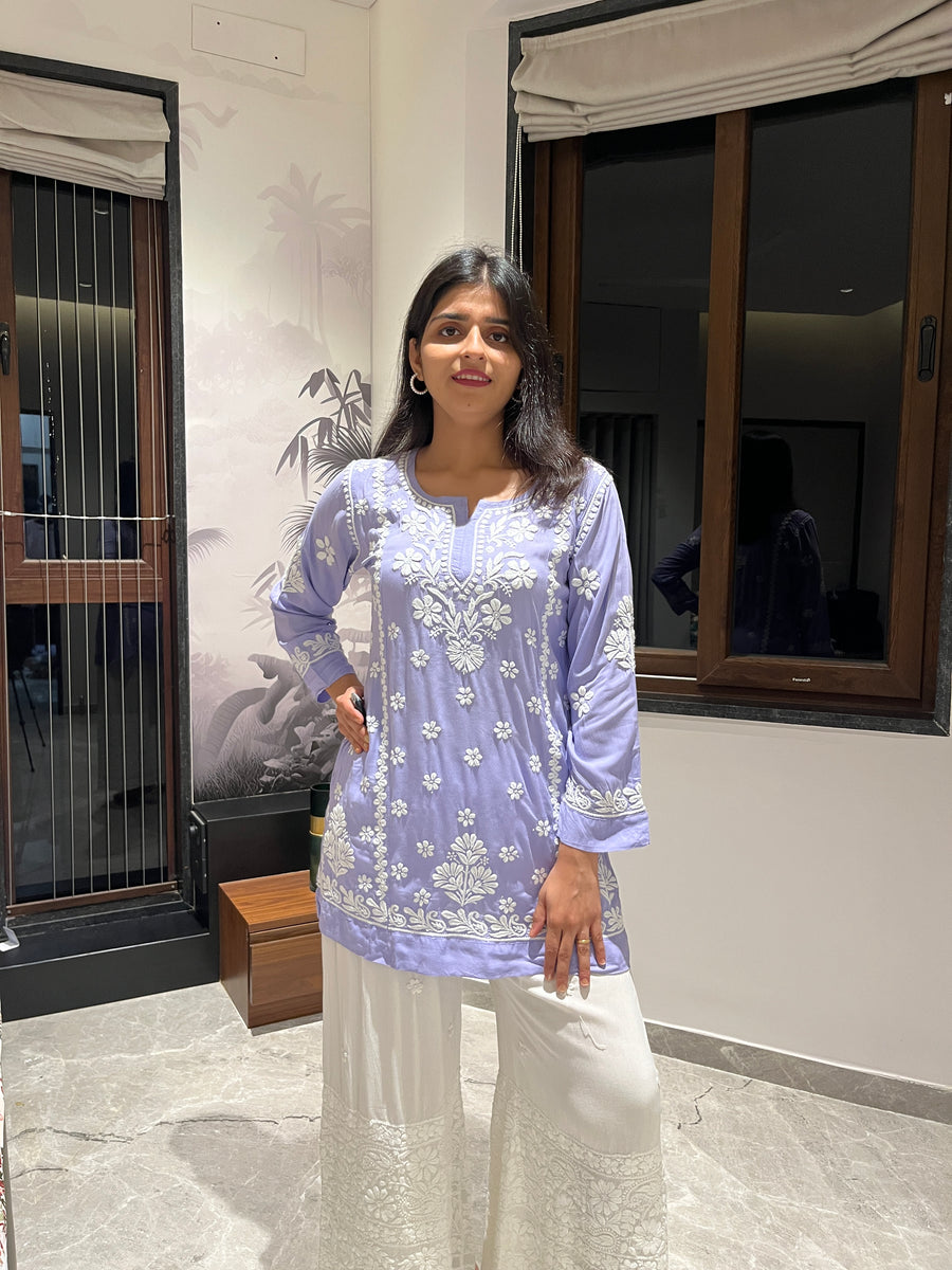 Lavender Modal Chikankari Short Kurti | Lucknowi