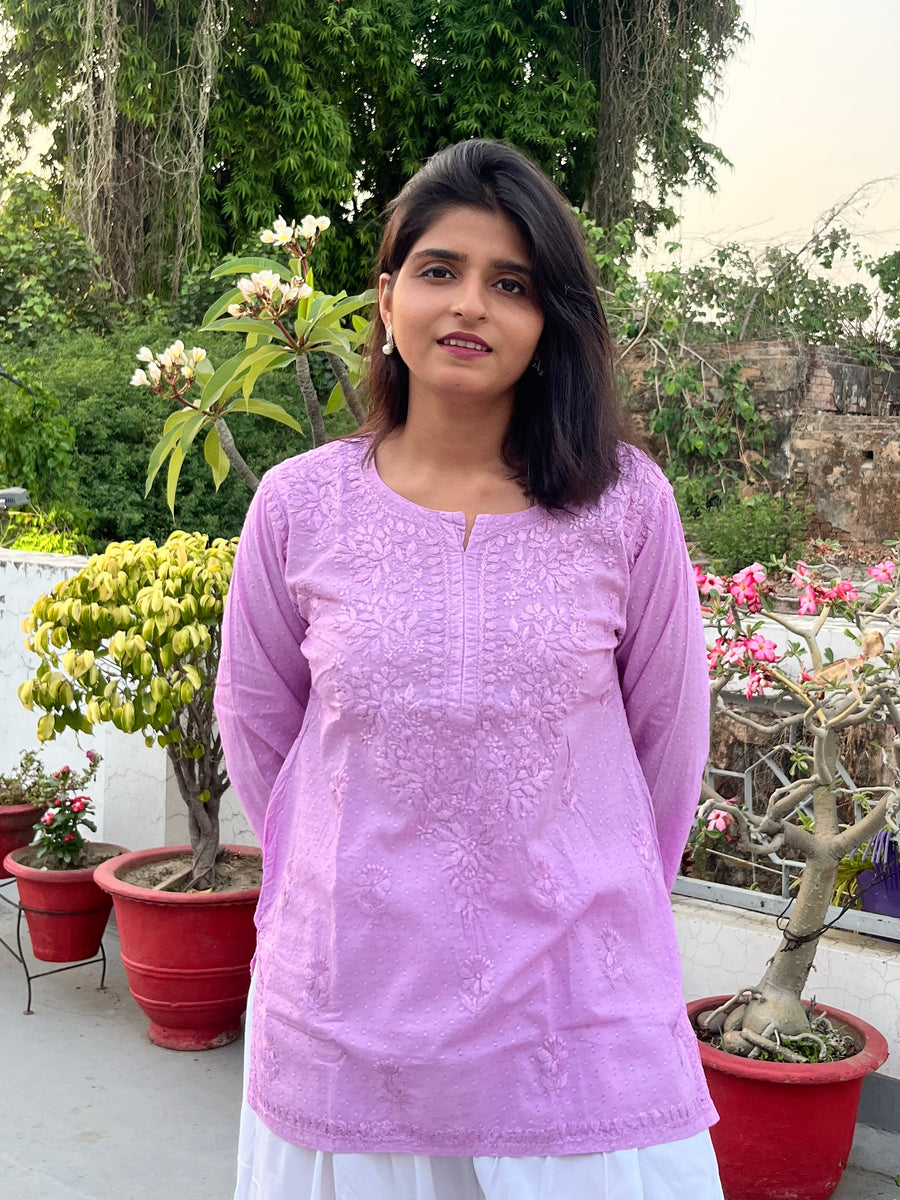 Pink Cotton Dobby Chikankari Short Kurti | Lucknowi – photo 5