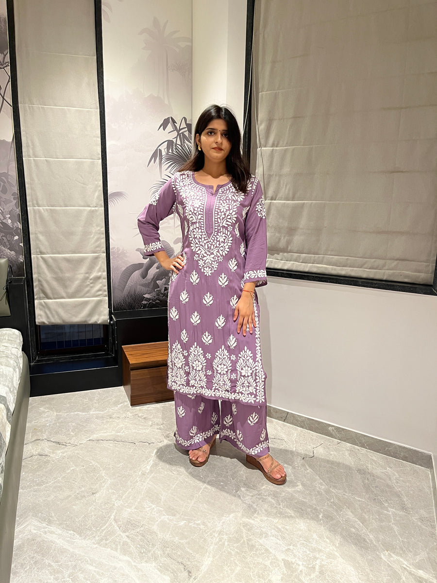 Sky Blue Modal Chikankari Kurta Palazzo Set for Women – photo 14