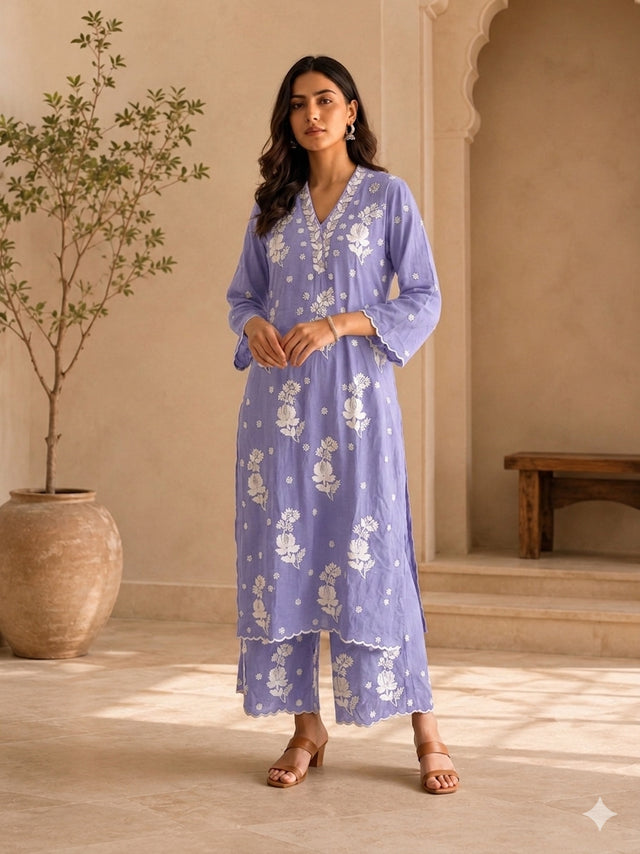Lavender Modal Chikankari V-Neck Kurta Palazzo Set