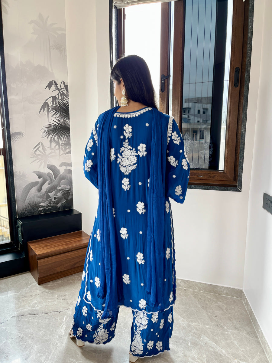 Expresso Brown Crepe Chikankari Kurta Palazzo Dupatta Set | Lucknowi – photo 6