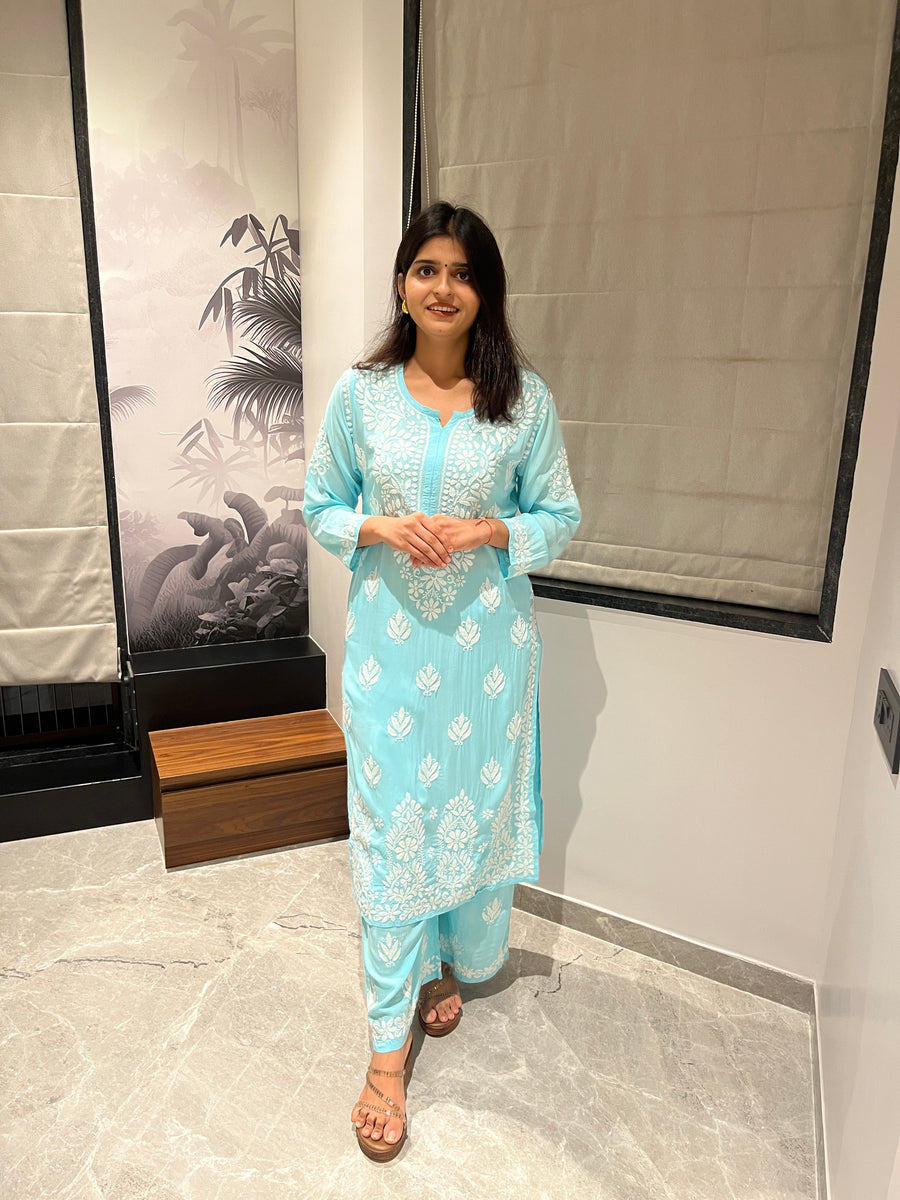 Mauve Modal Chikankari Kurta Palazzo Set for Women – photo 7