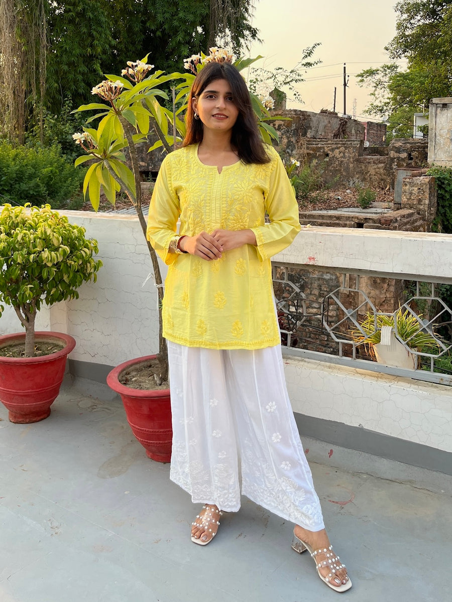 Pink Chanderi Chikankari Straight Short Kurti | Lucknowi – photo 4