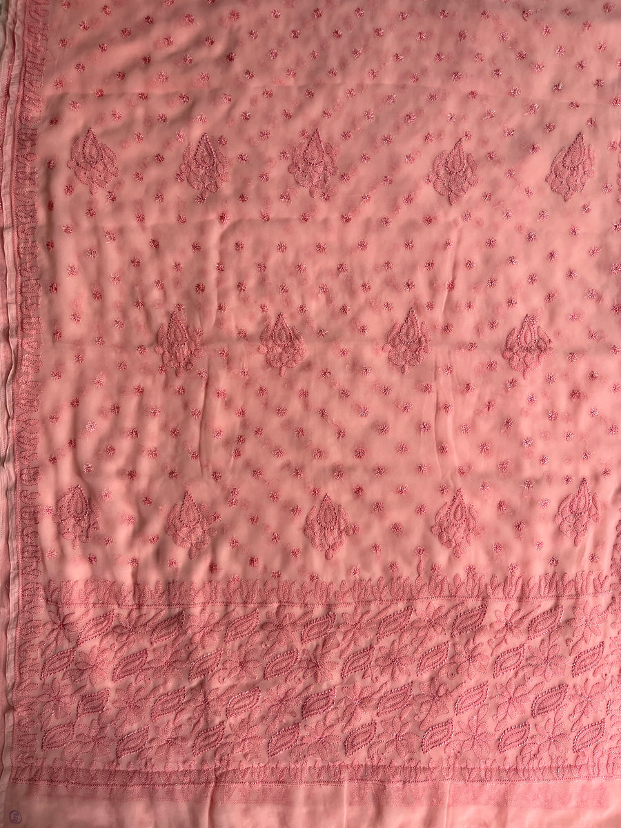 Peach Chiffon Chikankari Saree | Lucknowi – photo 5