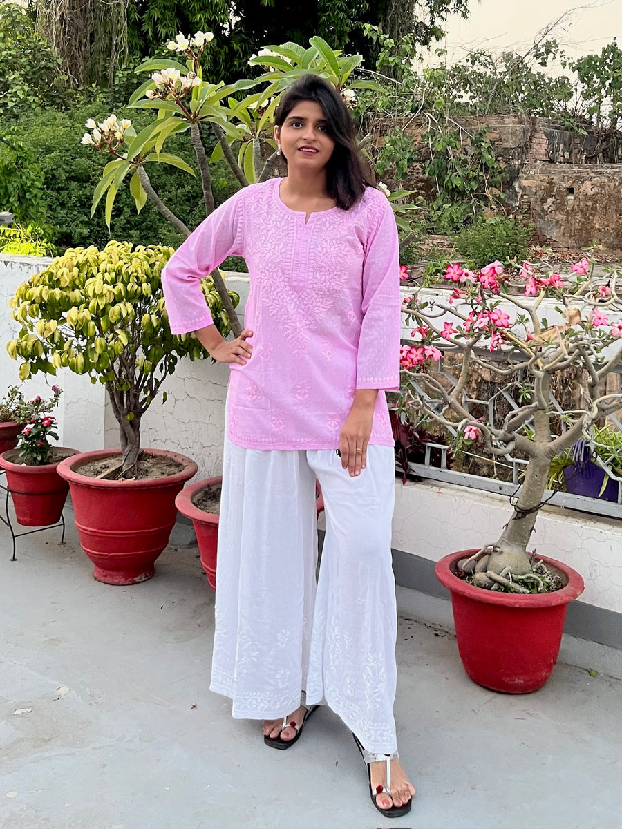 Pink Cotton Dobby Chikankari Short Kurti | Lucknowi – photo 4