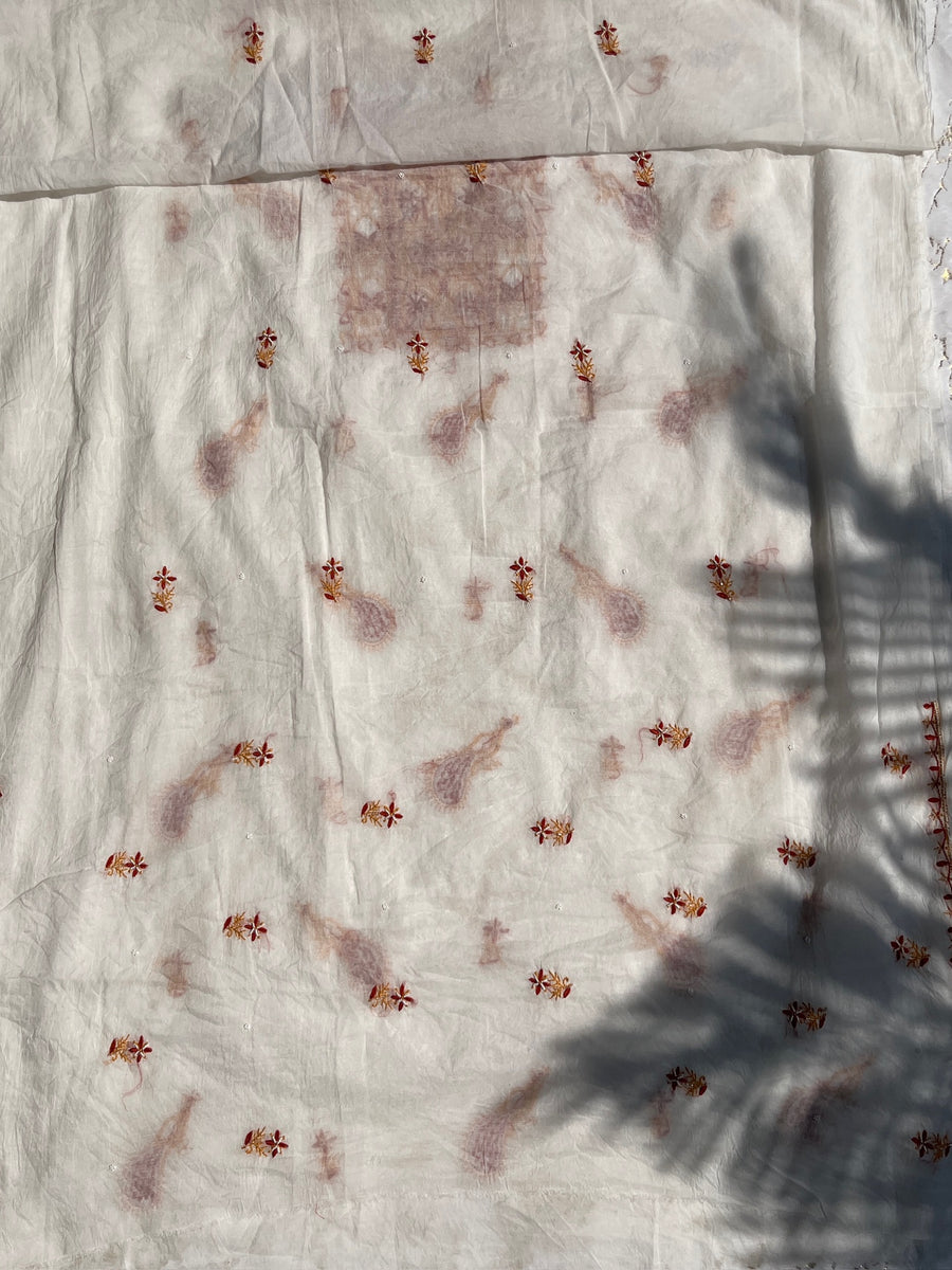 Ivory Mul Chanderi Chikankari Unstitched Kurta Dupatta Set | Lucknowi – photo 3