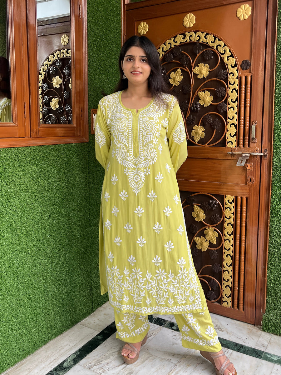 Onion Pink Modal Chikankari Kurta Palazzo Set | Lucknowi – photo 3
