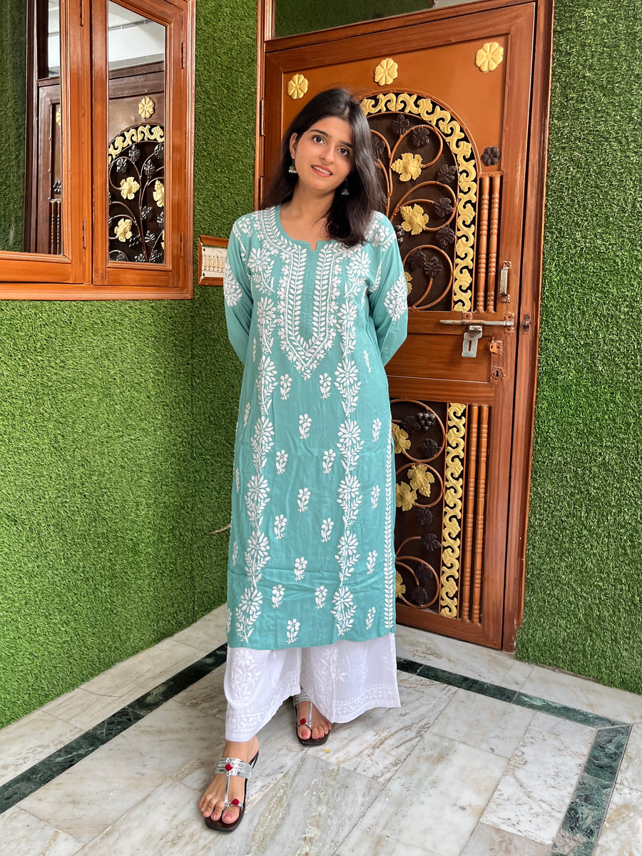 Onion Pink Rayon Chikankari Straight Kurta for women | Lucknowi – photo 3