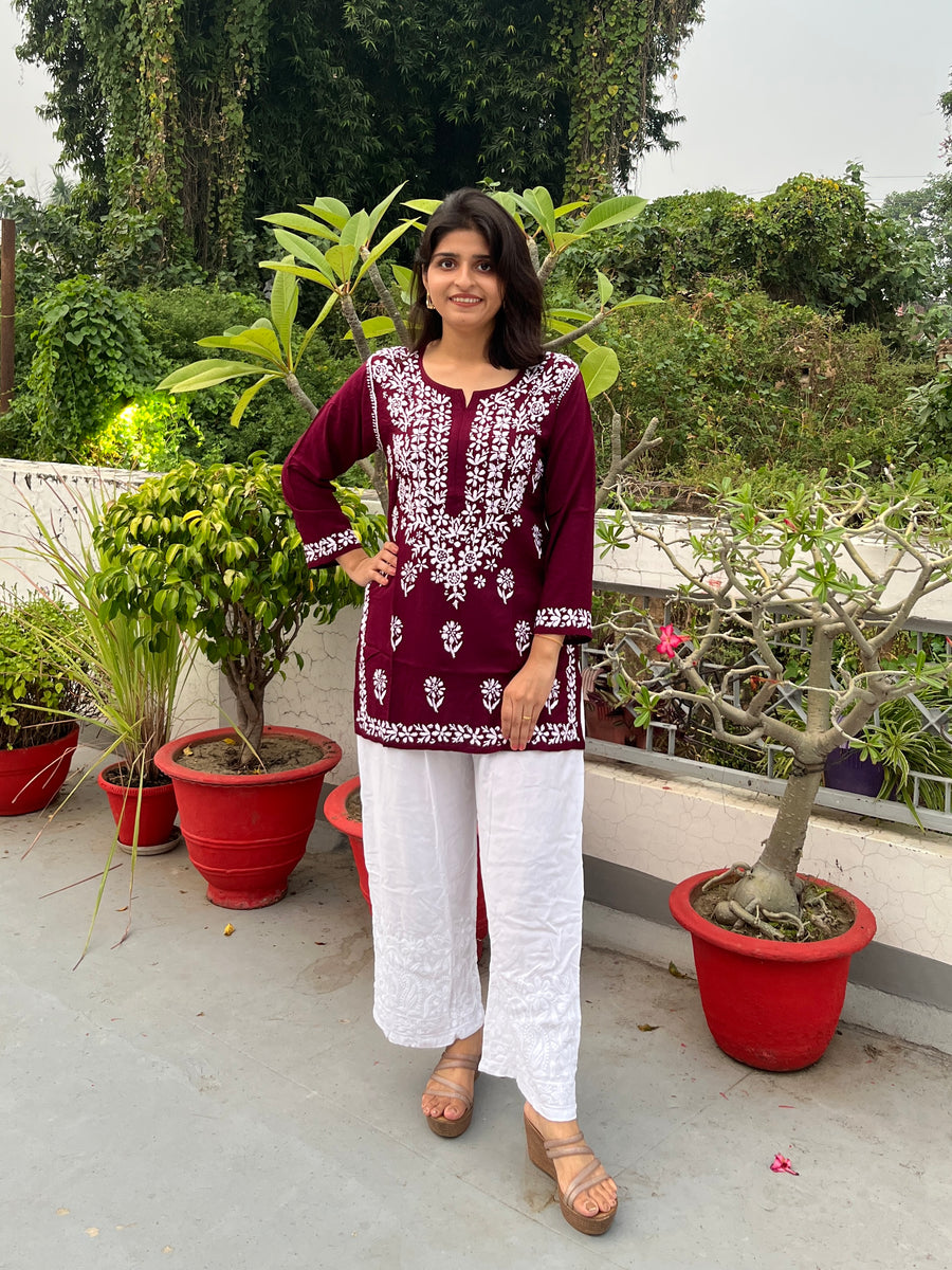 White Rayon Chikankari Narrow Palazzo | Lucknowi – photo 2