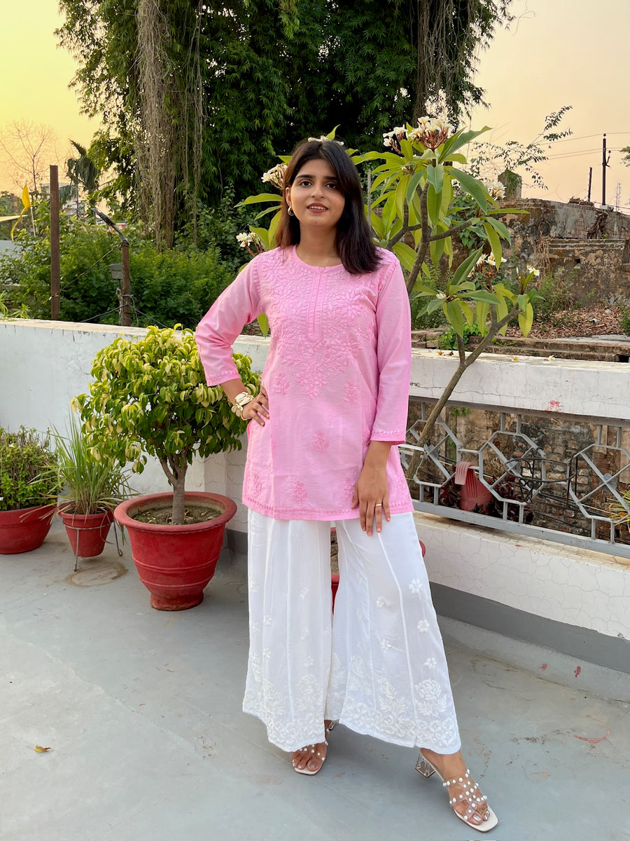 Pink Chanderi Chikankari Straight Short Kurti | Lucknowi