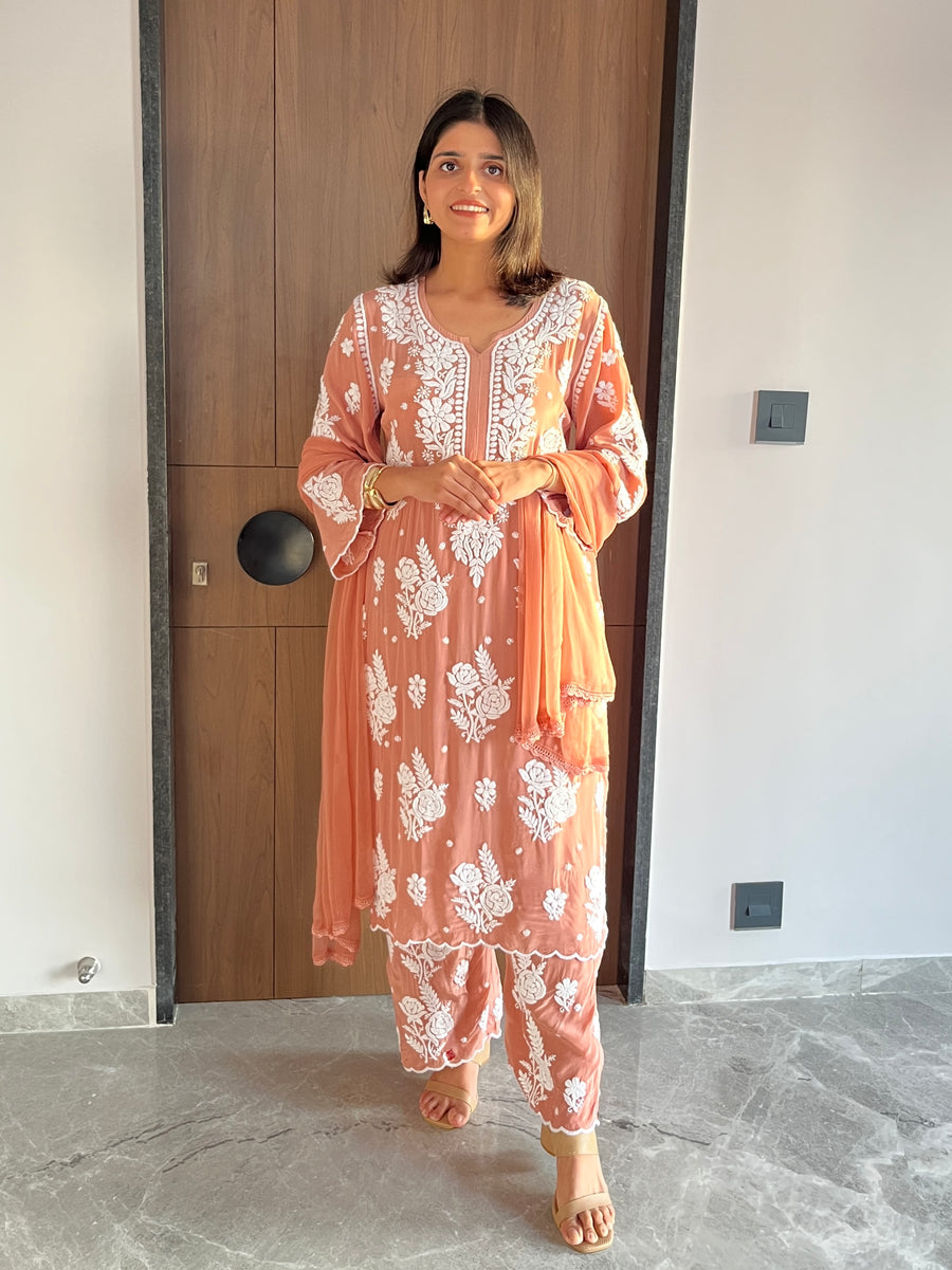 Expresso Brown Crepe Chikankari Kurta Palazzo Dupatta Set | Lucknowi – photo 4