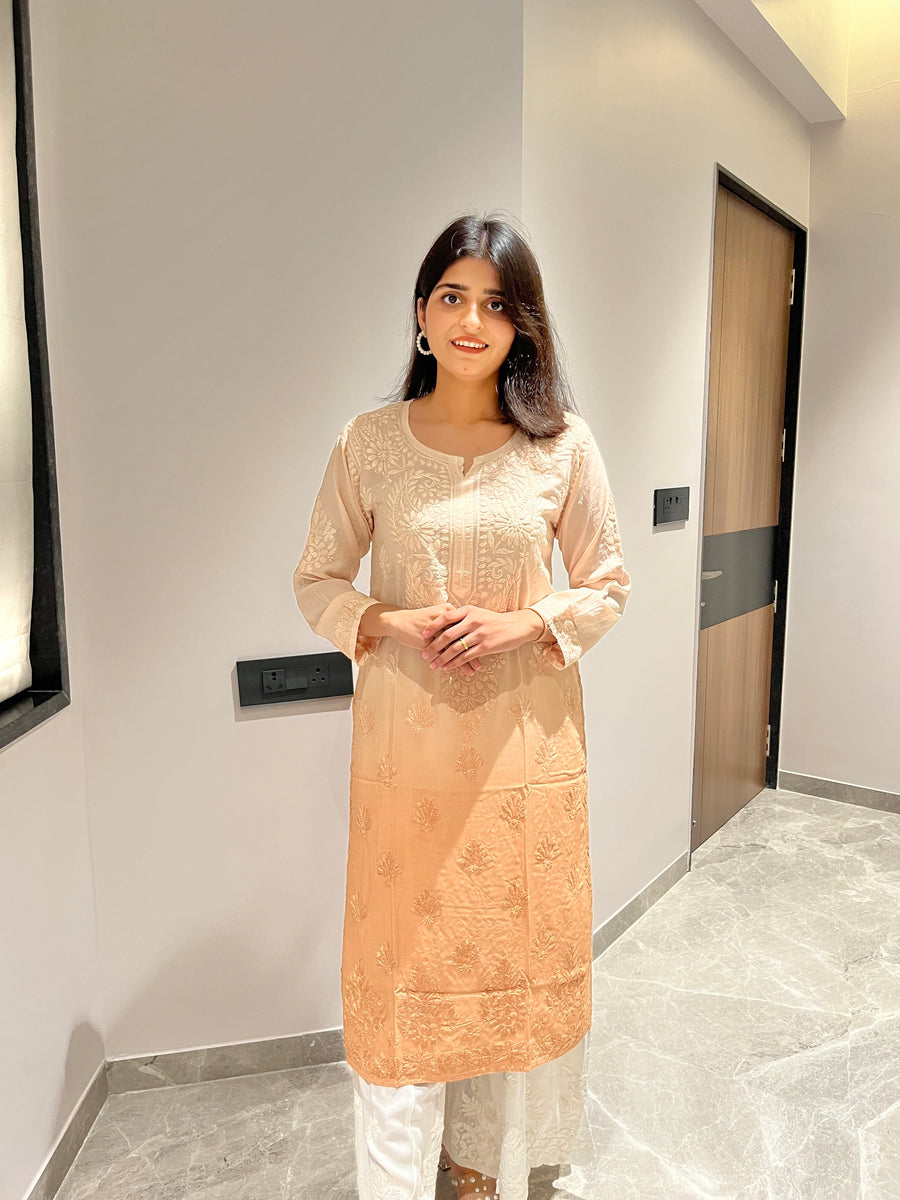 Lemon Yellow Ombre Modal Chikankari Kurta | Lucknowi – photo 2