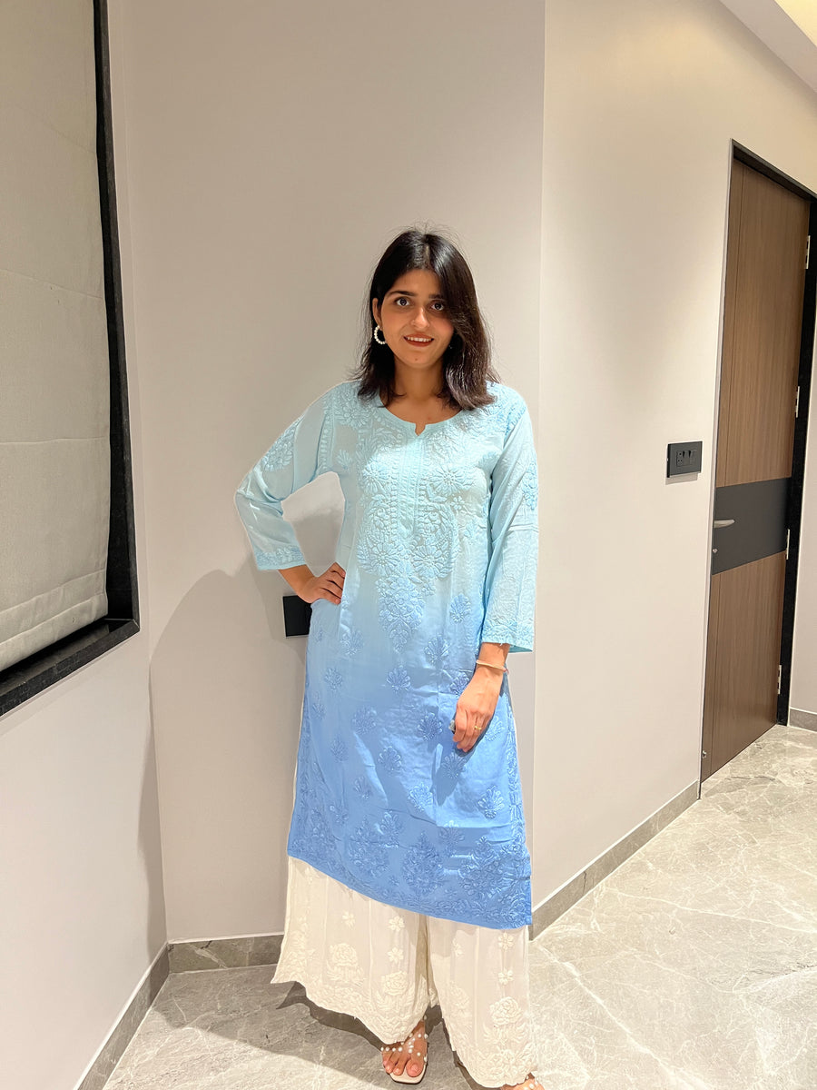 Peachy Pink Ombre Modal Chikankari Kurta – photo 3