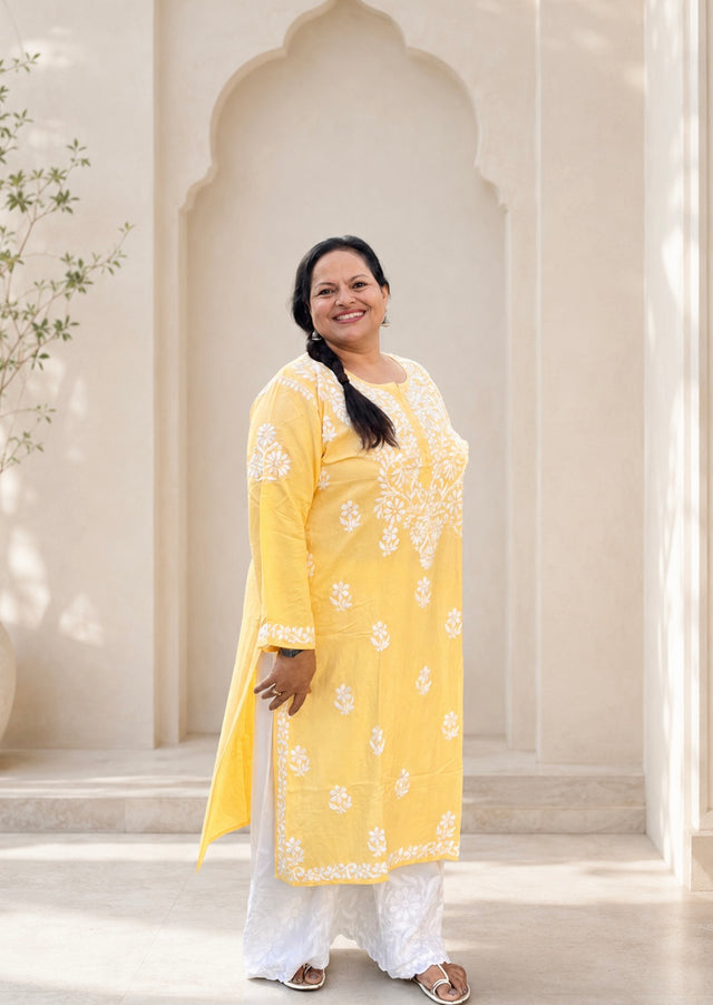 Yellow Rayon Chikankari Kurta Plus Size 4XL-7XL | Lucknowi