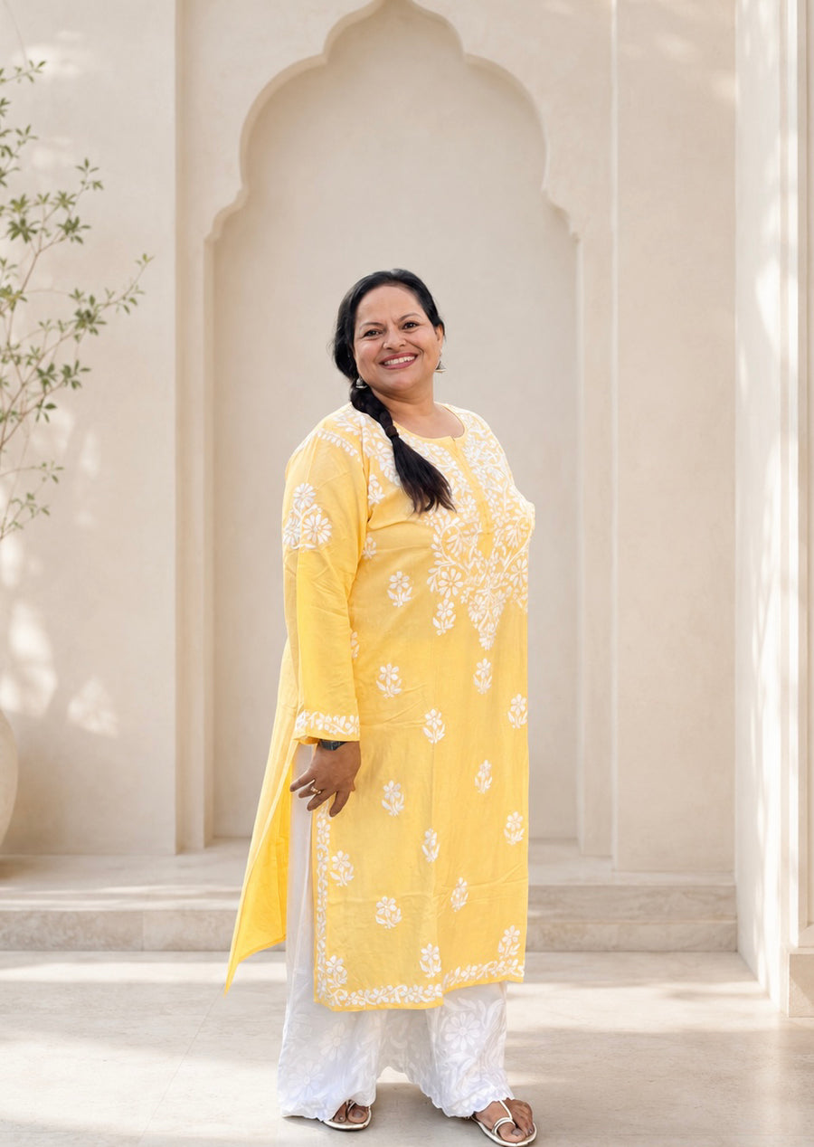 Yellow Rayon Chikankari Kurta Plus Size 4XL-7XL | Lucknowi