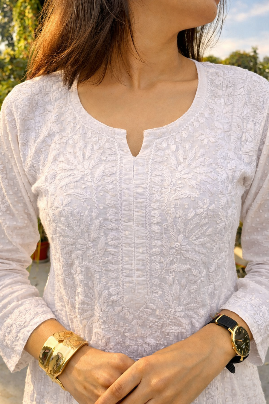 White Cotton Dobby A-Line Chikankari Kurta | Lucknowi – photo 3